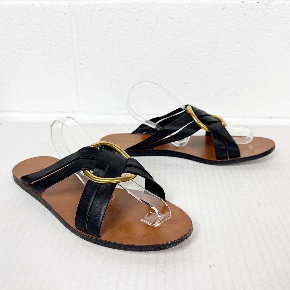 Chloe Rony Leather Sandals Women Size 41 Black Gold Ring Detail